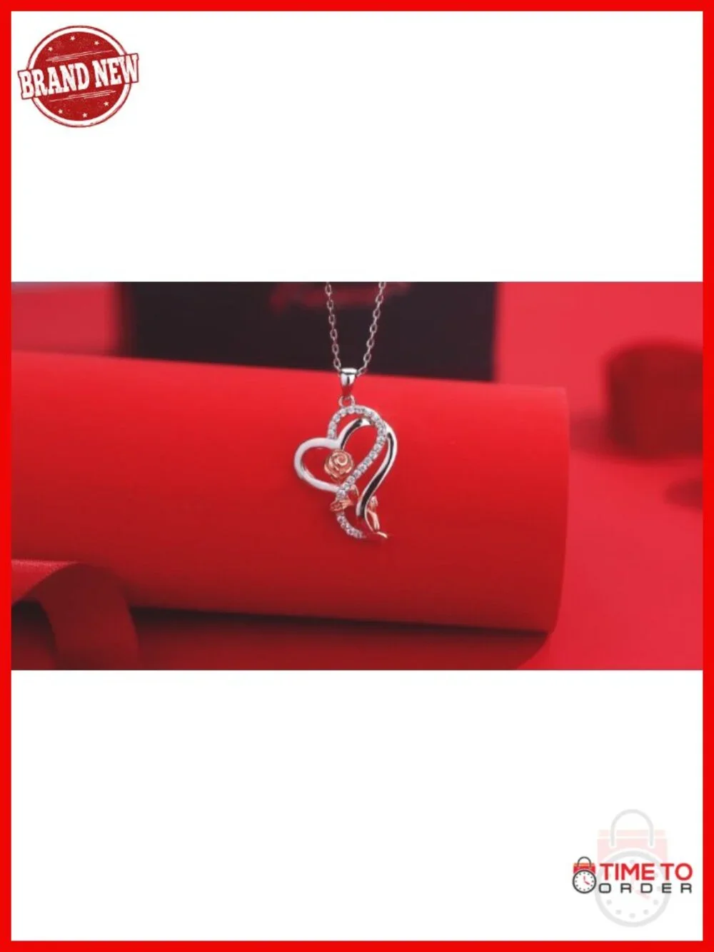 Sterling Silver Rose Heart Pendant Necklace with Cubic Zirconia